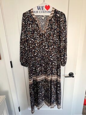 Boho Floral V-Neck Long Sleeve Midi Dress - Navy